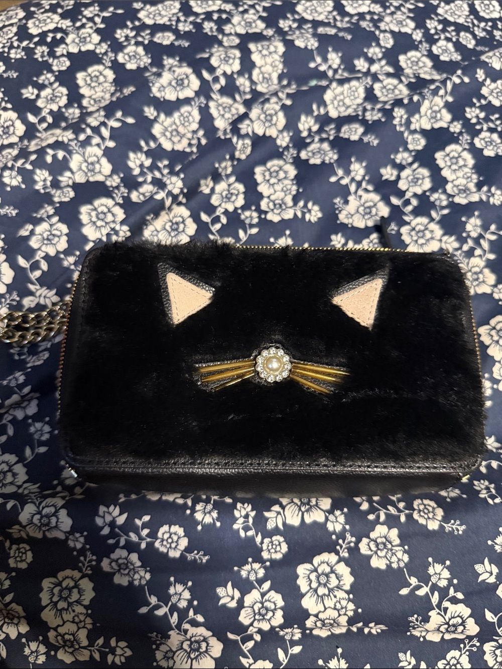 kate spade Black Faux Fur Cat Face Shoulder Bag with Gold Accent